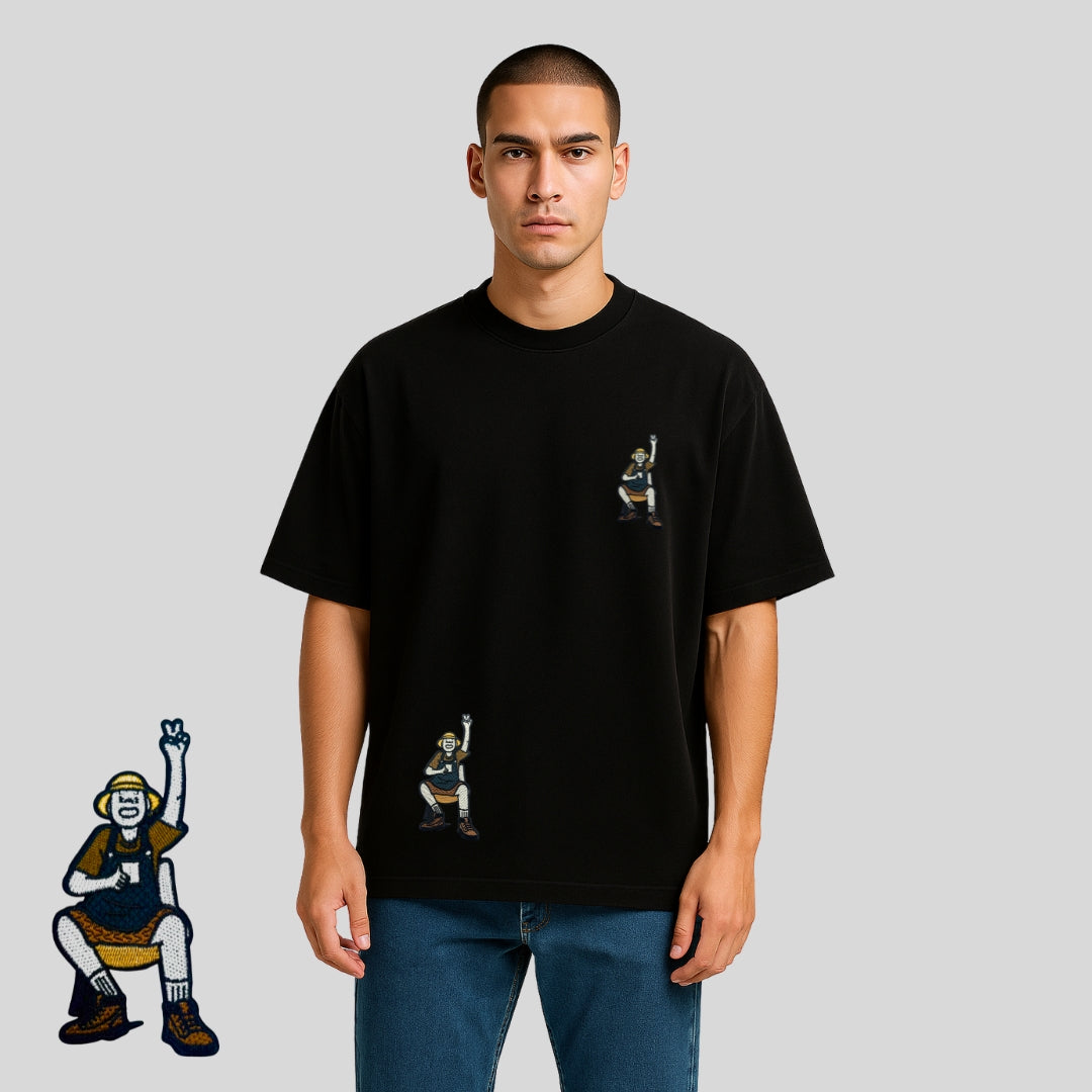 White and Black Oversized T-Shirt for Men & Women with Cartoon Graphic Embroidery |  Casual Streetwear