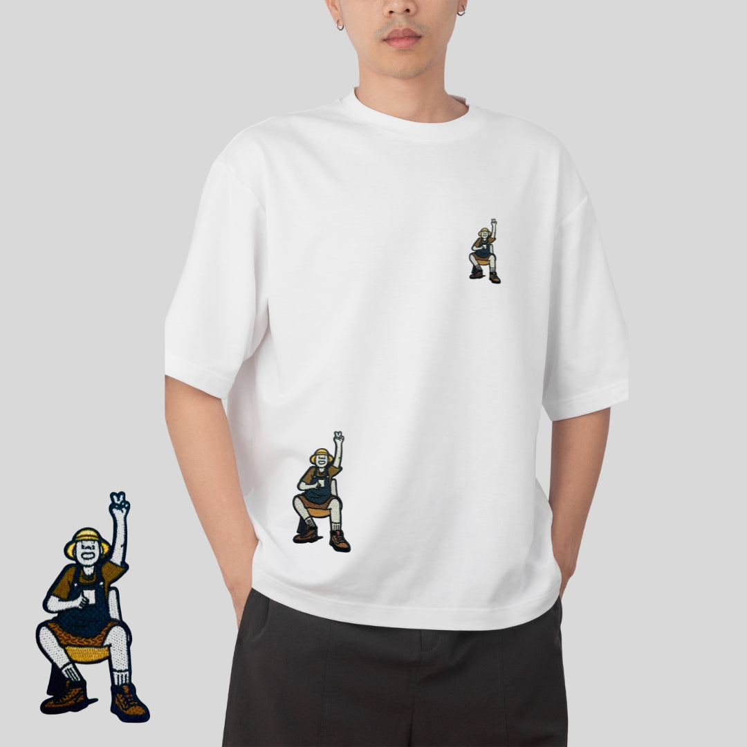 White and Black Oversized T-Shirt for Men & Women with Cartoon Graphic Embroidery |  Casual Streetwear