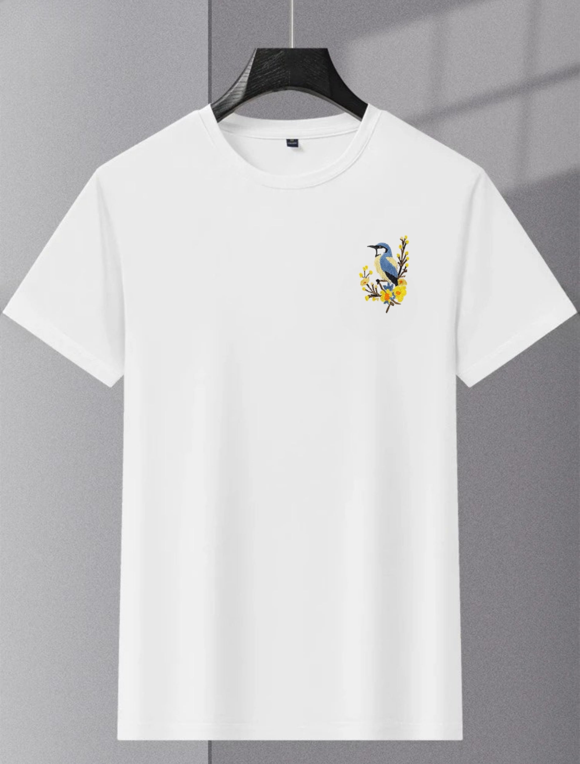 T-Shirt with Elegant Bluebird & Floral Embroidery
