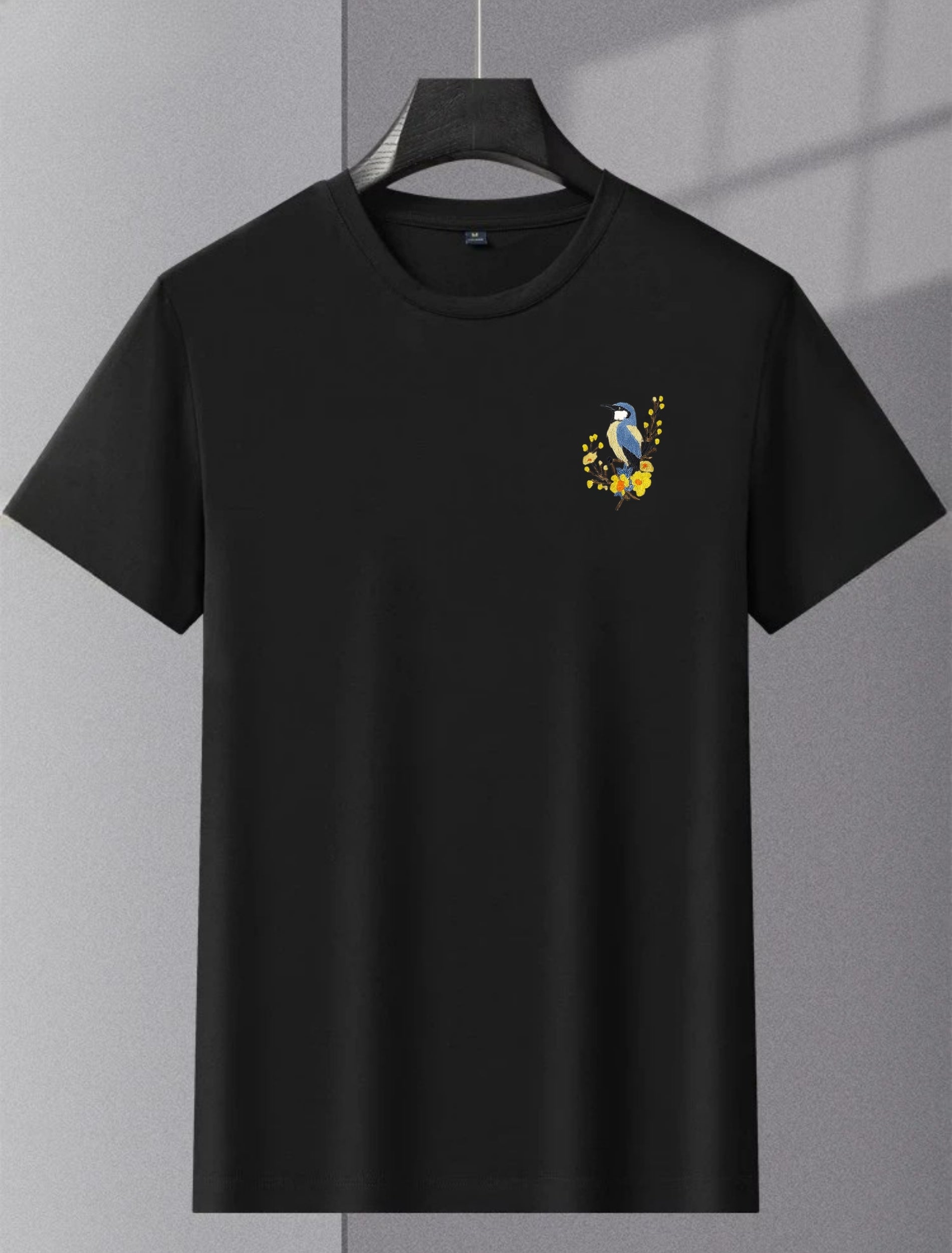 T-Shirt with Elegant Bluebird & Floral Embroidery