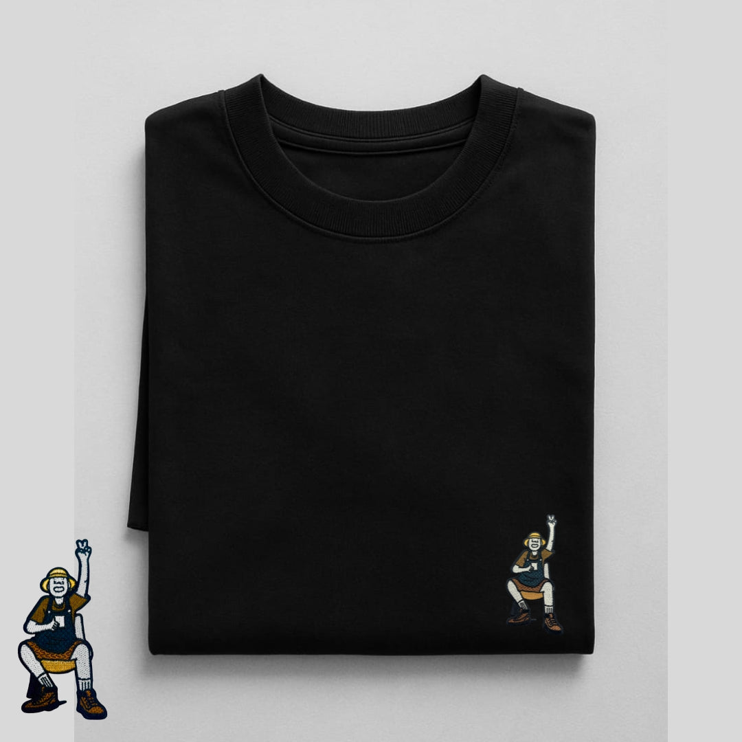 White and Black Oversized T-Shirt for Men & Women with Cartoon Graphic Embroidery |  Casual Streetwear