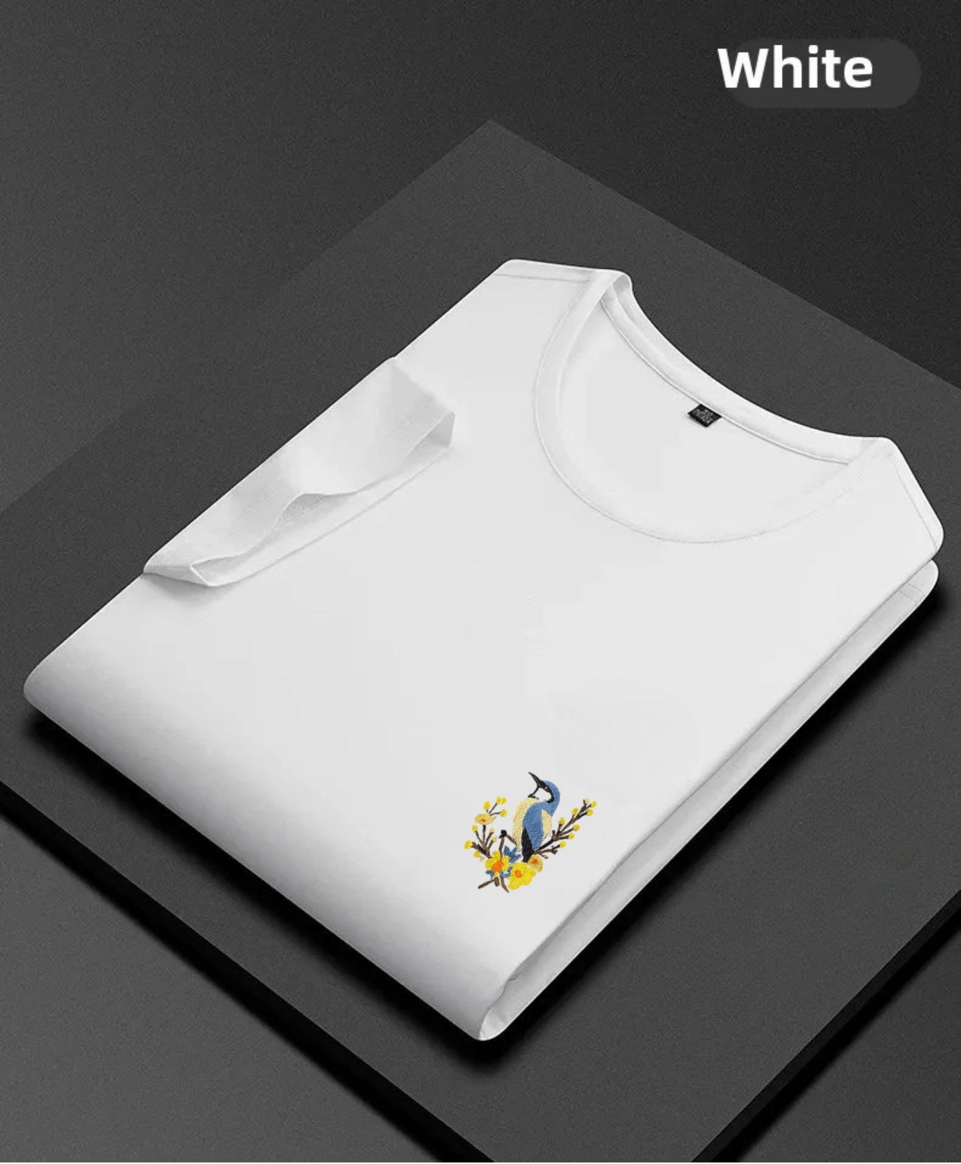 T-Shirt with Elegant Bluebird & Floral Embroidery