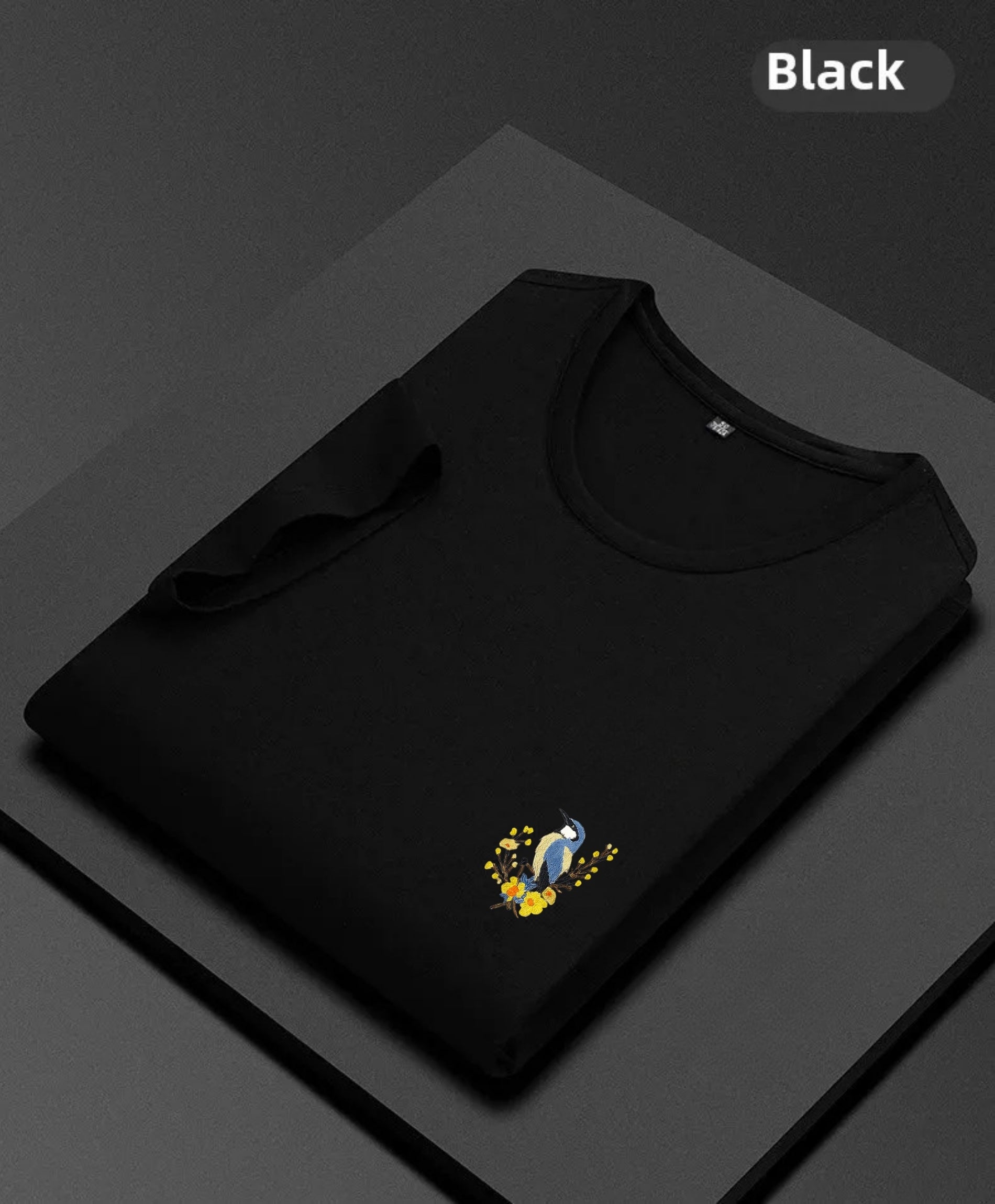 T-Shirt with Elegant Bluebird & Floral Embroidery