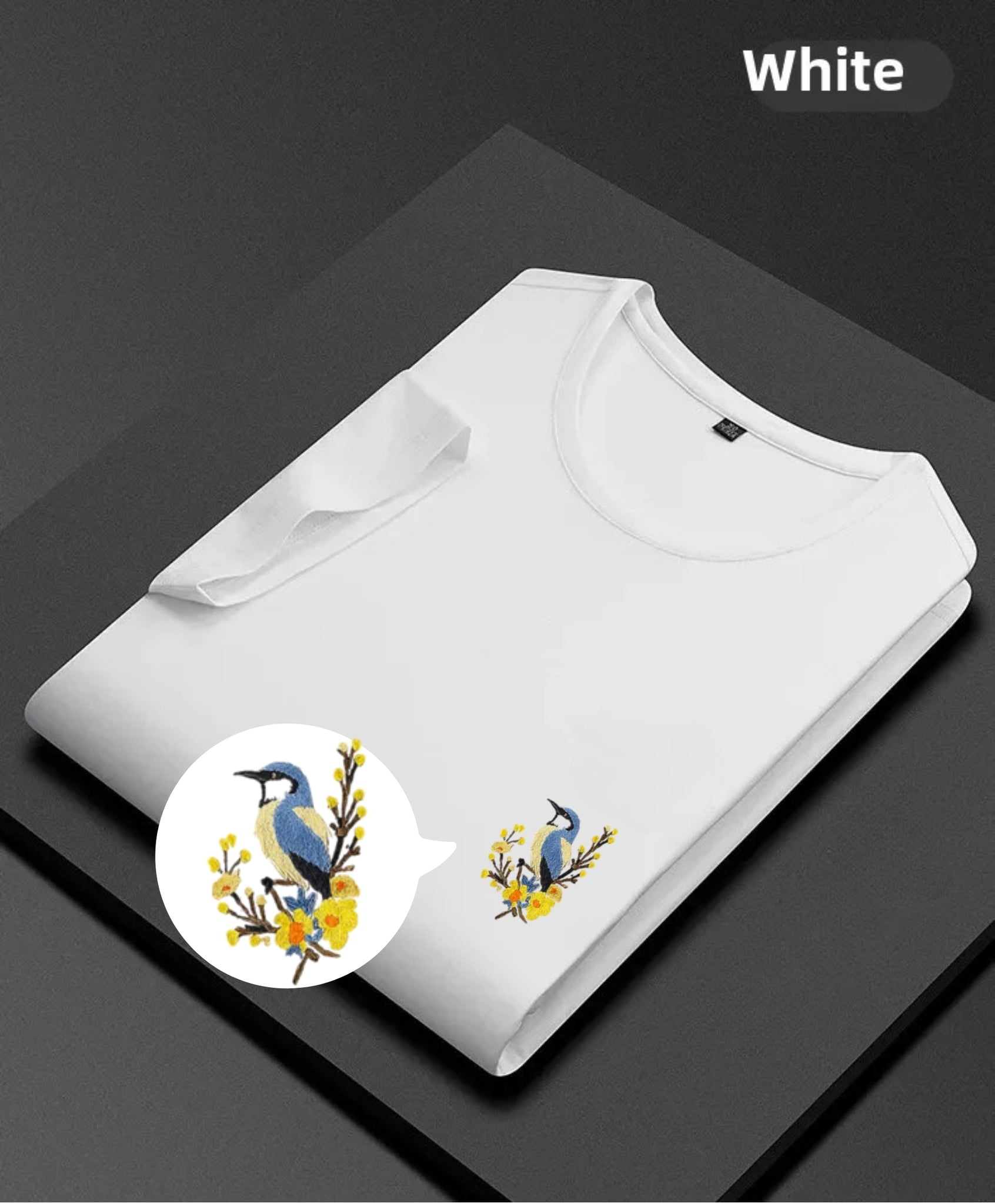 T-Shirt with Elegant Bluebird & Floral Embroidery