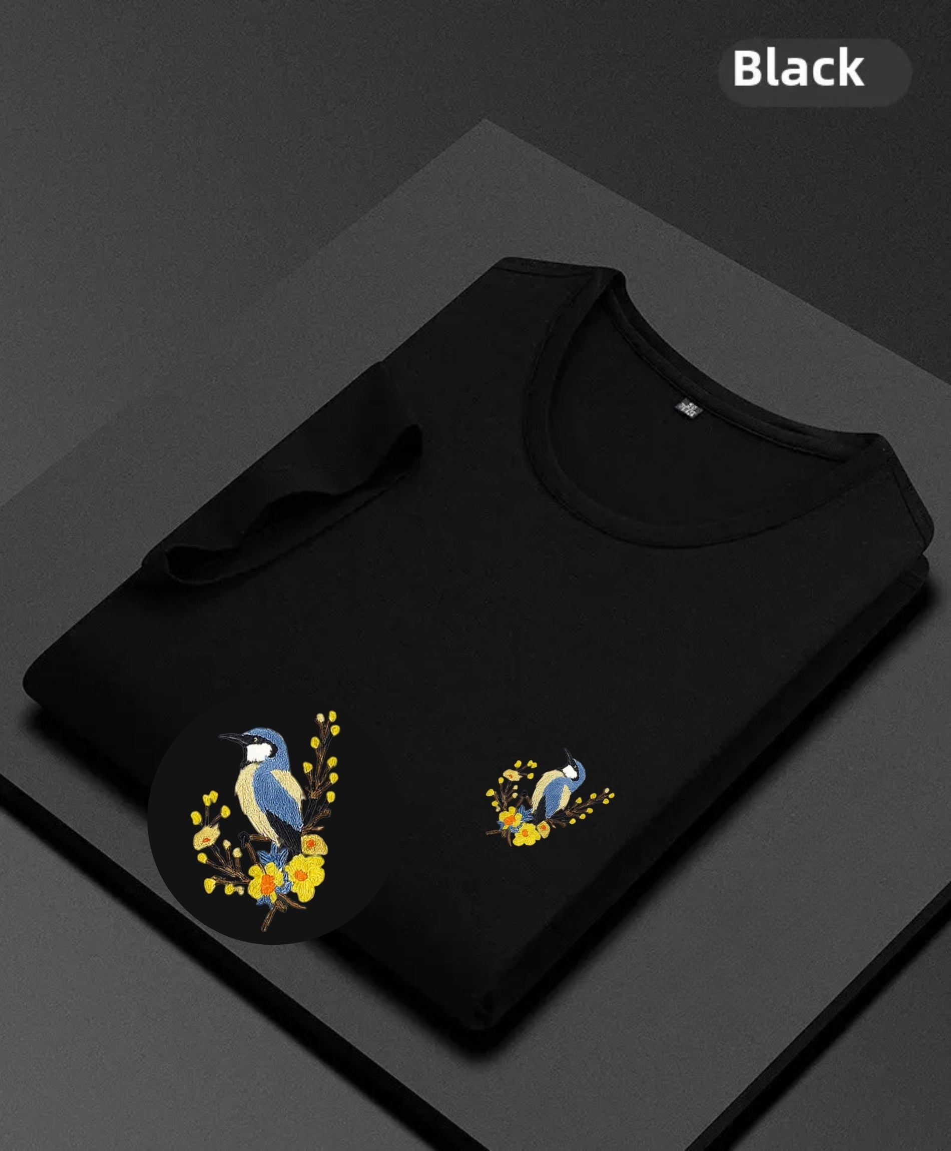 T-Shirt with Elegant Bluebird & Floral Embroidery