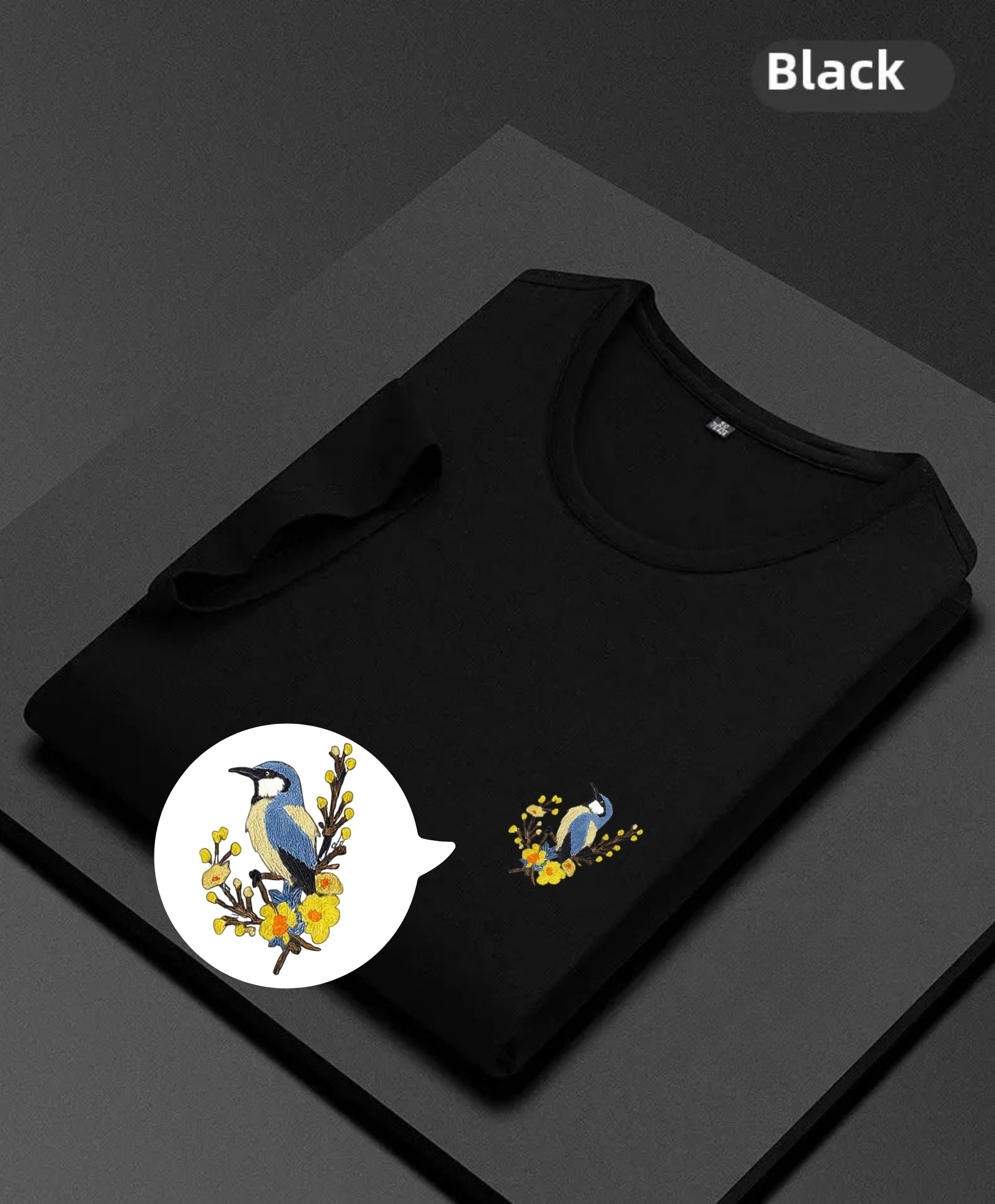 T-Shirt with Elegant Bluebird & Floral Embroidery