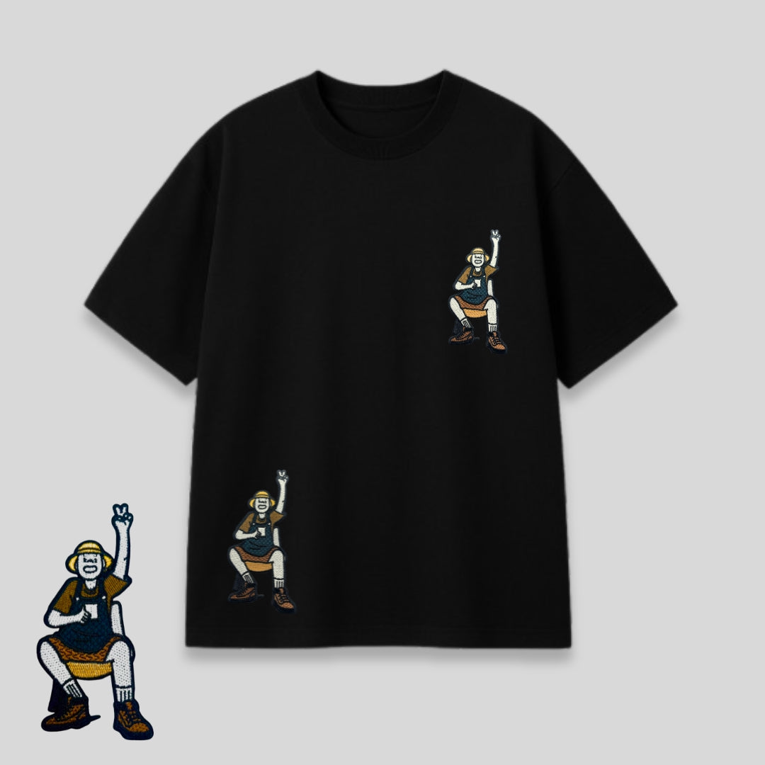 White and Black Oversized T-Shirt for Men & Women with Cartoon Graphic Embroidery |  Casual Streetwear